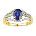 10kt Yellow Gold Womens Oval Lab-Created Blue Sapphire Solitaire Diamond Ring 1-3/4 Cttw