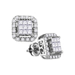 14kt White Gold Womens Princess Diamond Square Frame Cluster Stud Earrings 1.00 Cttw