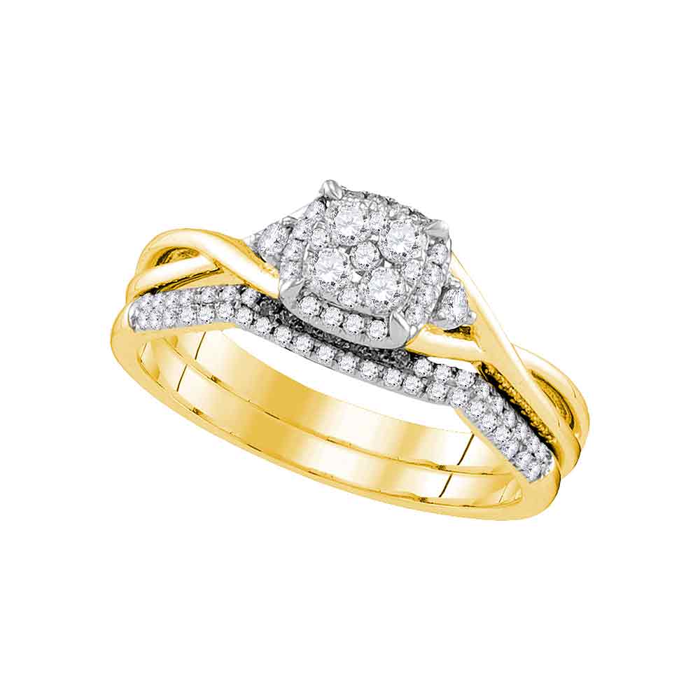 14k Yellow Gold Womens Round Diamond Cluster Bridal Wedding Engagement Ring Band Set 3/8 Cttw