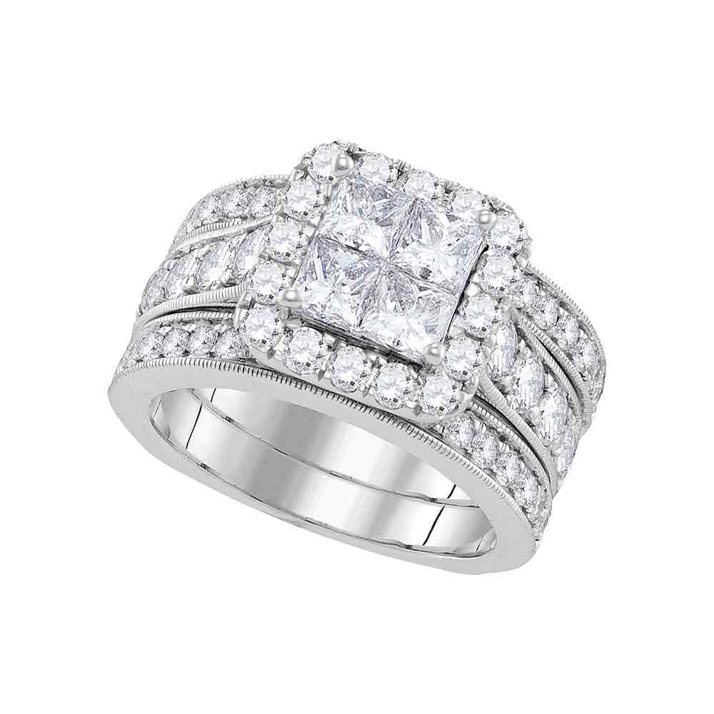 14k White Gold Womens Princess Diamond Halo Bridal Wedding Engagement Ring Band Set 3.00 Cttw