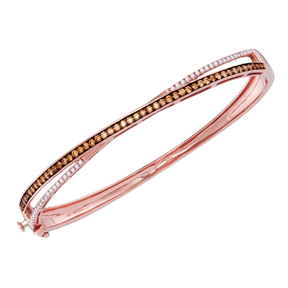 14kt Rose Gold Womens Round Cognac-brown Color Enhanced Diamond Crossover Bangle Bracelet 1.00 Cttw