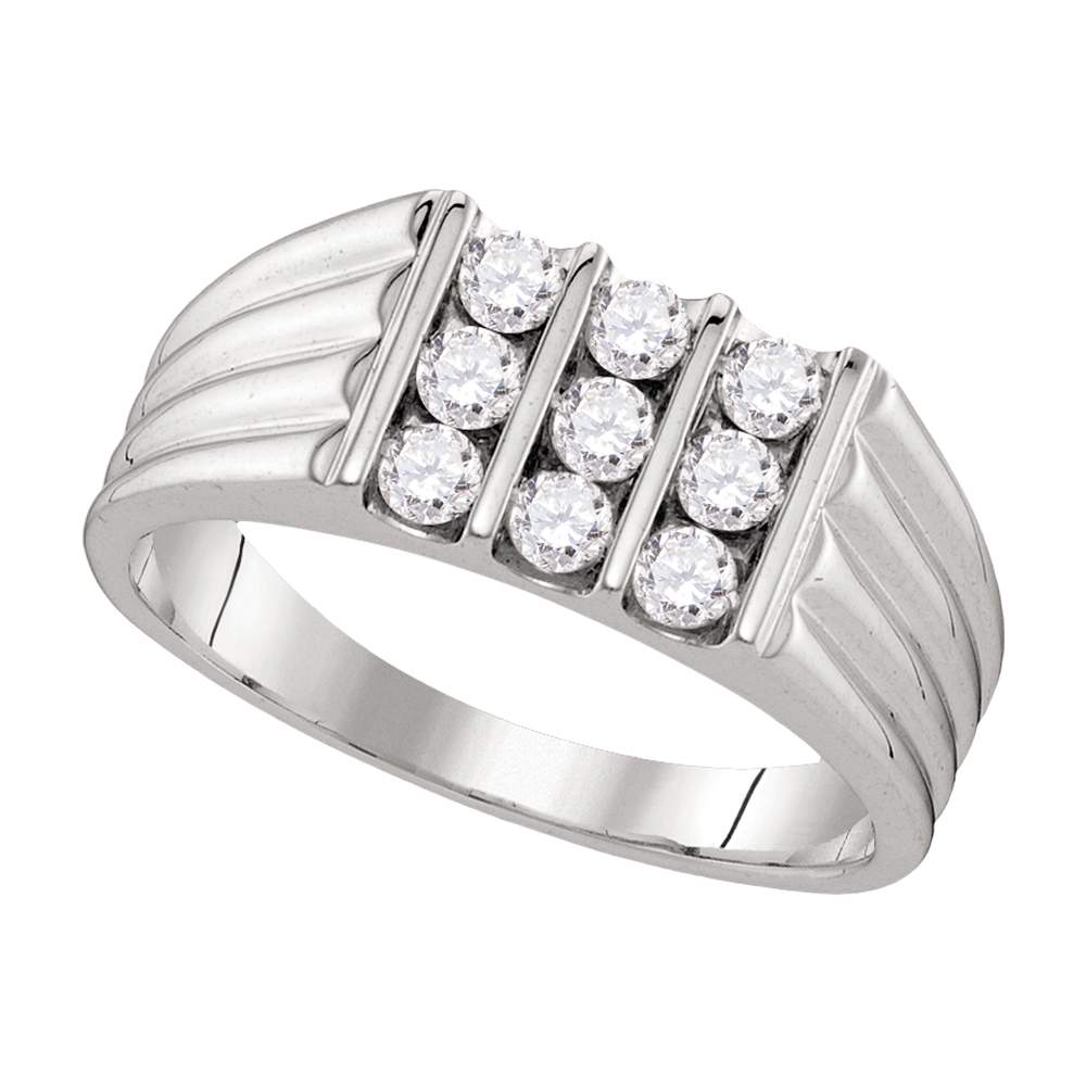 10kt White Gold Mens Round Diamond Triple Row Ribbed Wedding Band Ring 3/4 Cttw