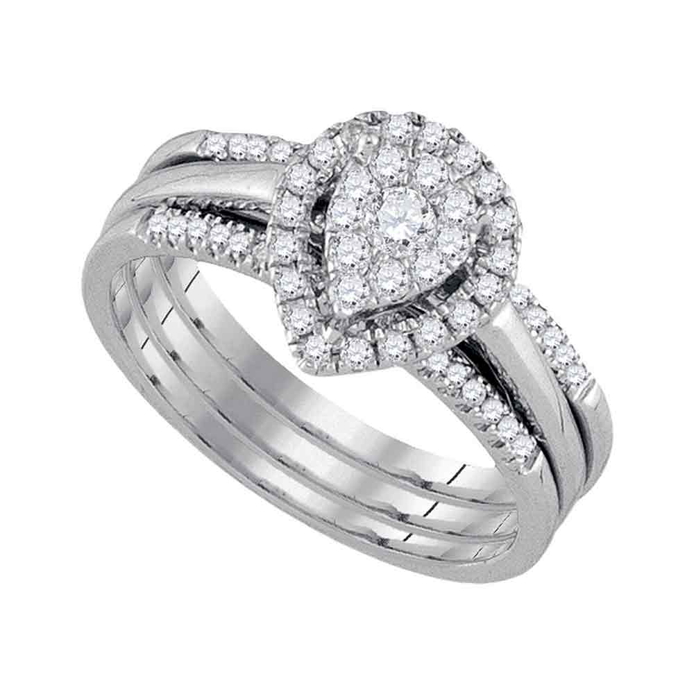 10kt White Gold Womens Round Diamond Teardrop Cluster 3-Piece Bridal Wedding Engagement Ring Band Set 1/2 Cttw