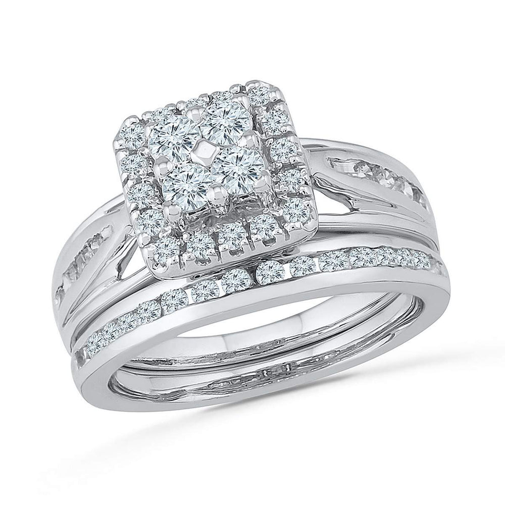 10kt White Gold Womens Round Diamond Cluster Bridal Wedding Engagement Ring Band Set 1.00 Cttw