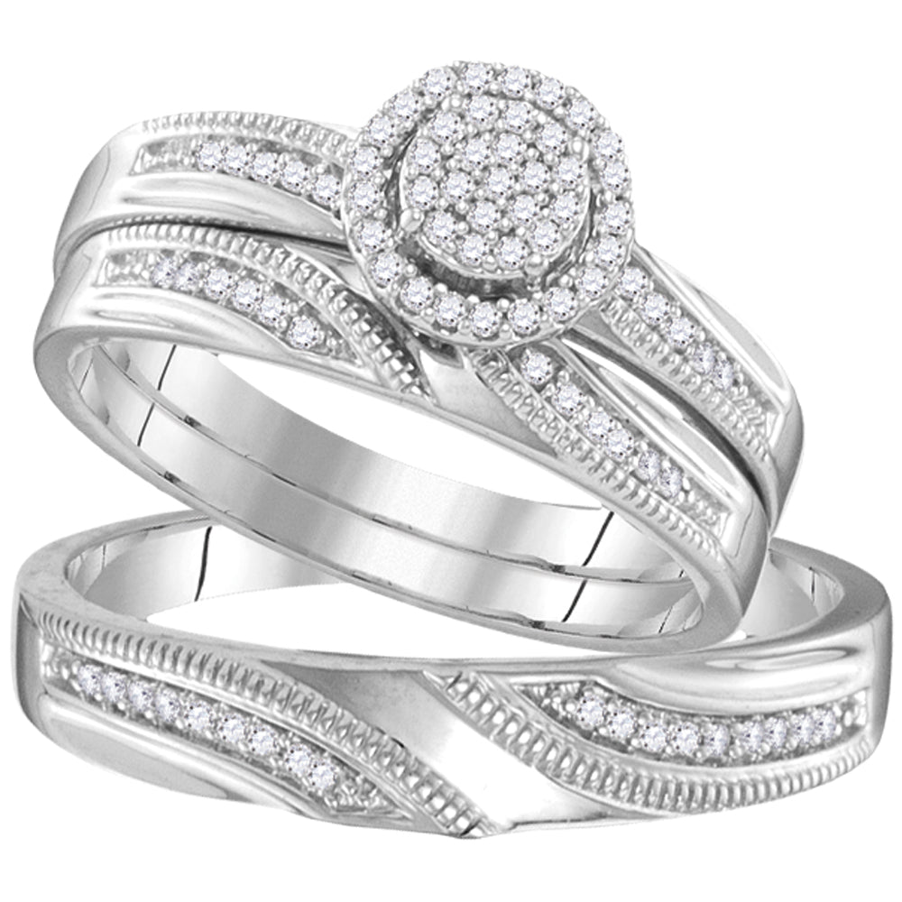 Sterling Silver His & Hers Round Diamond Cluster Matching Bridal Wedding Ring Band Set 1/4 Cttw