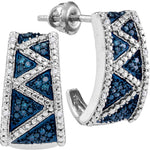 10kt White Gold Womens Round Blue Color Enhanced Diamond Half J Hoop Earrings 1/10 Cttw