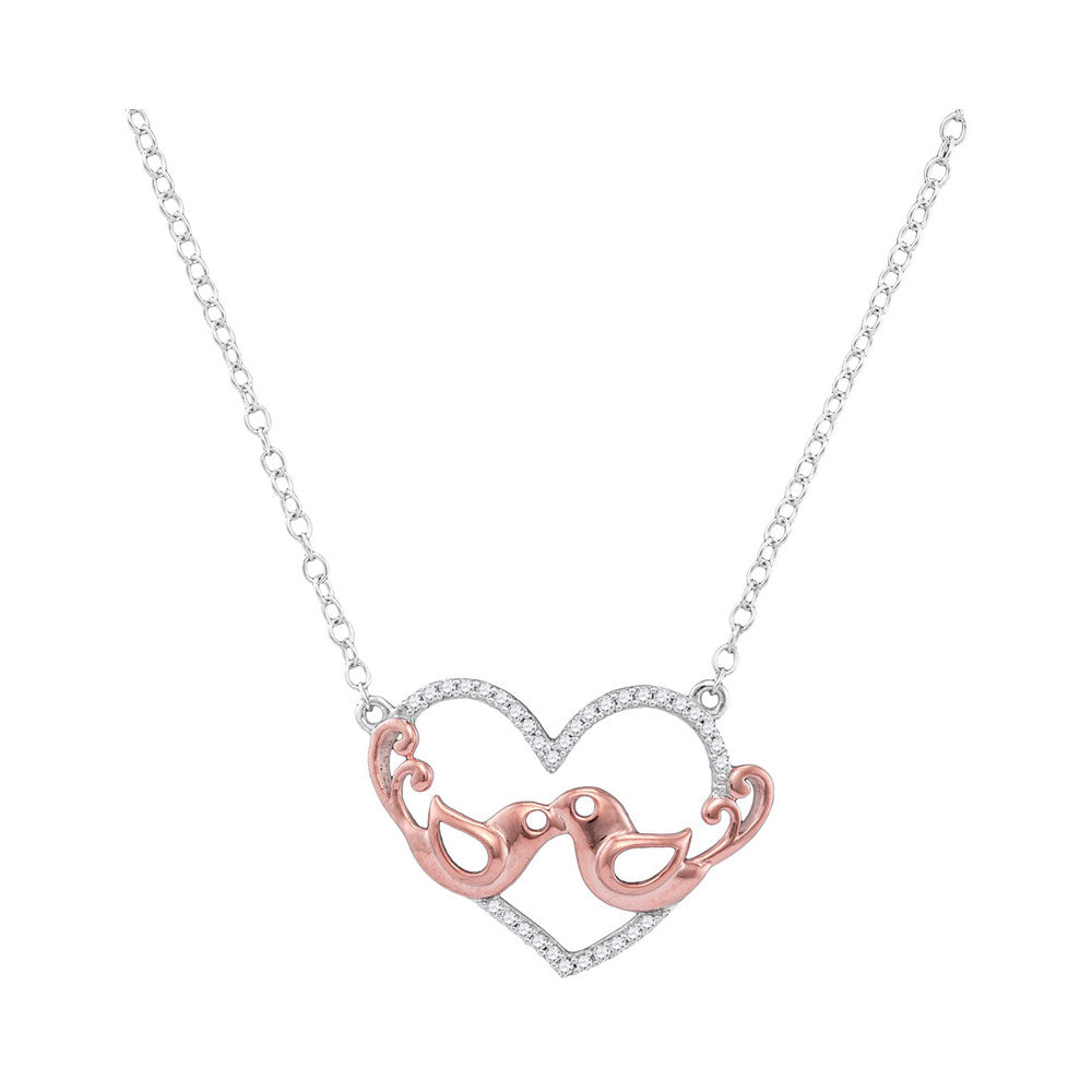 10kt White Gold Womens Round Diamond Heart Rose-tone Lovebirds Pendant Necklace 1/10 Cttw