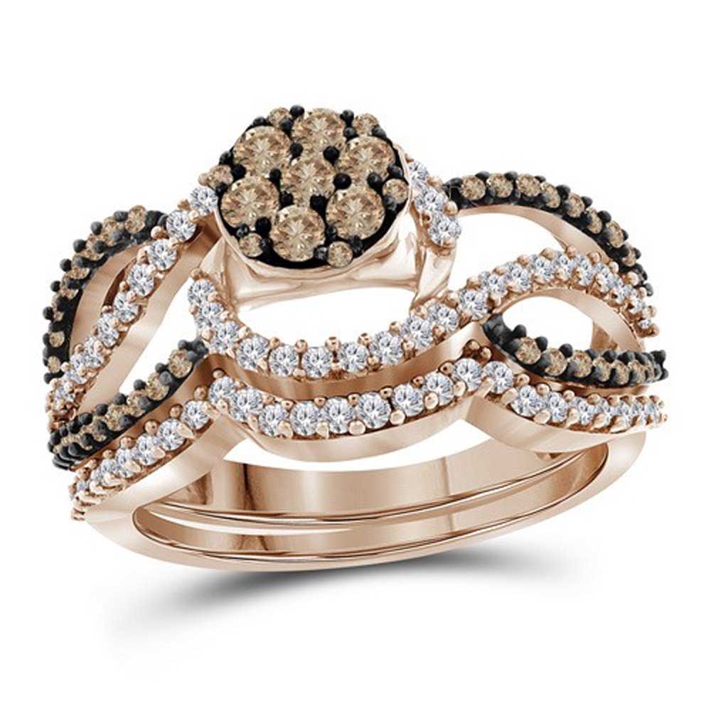 10kt Rose Gold Womens Round Brown Color Enhanced Diamond Cluster Bridal Wedding Engagement Ring Band Set 1.00 Cttw