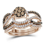 10kt Rose Gold Womens Round Brown Color Enhanced Diamond Cluster Bridal Wedding Engagement Ring Band Set 1.00 Cttw