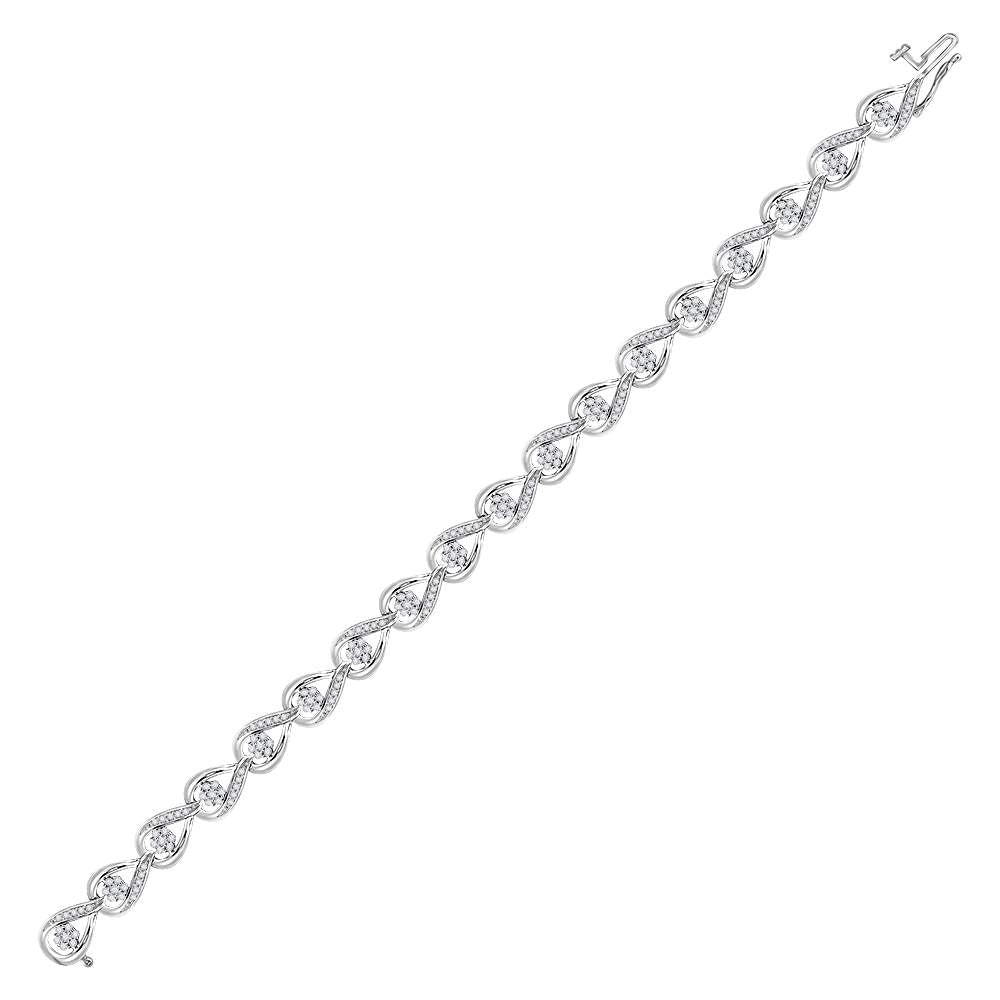 10kt White Gold Womens Round Diamond Teardrop Cluster Fashion Bracelet 1-1/4 Cttw
