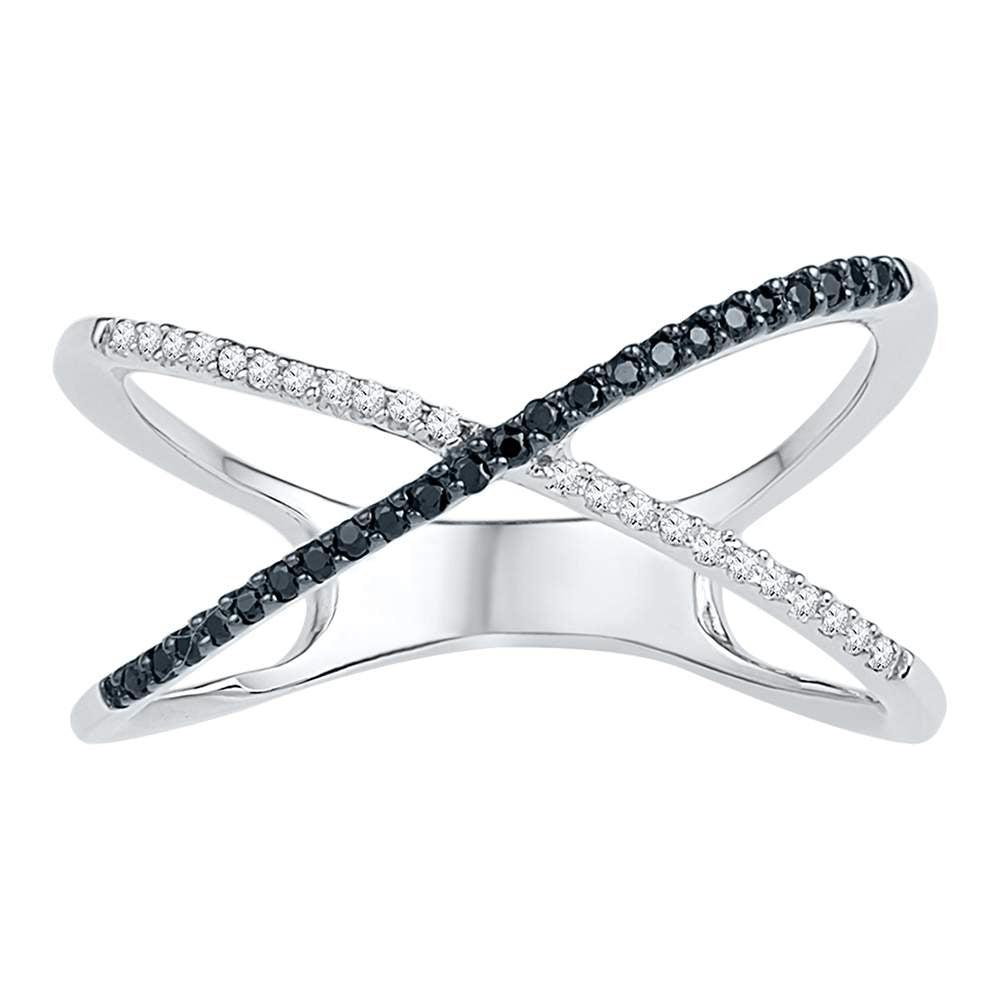 Sterling Silver Womens Black Color Enhanced Diamond Crossover Band Ring Slender 1/6 Cttw