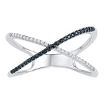 Sterling Silver Womens Black Color Enhanced Diamond Crossover Band Ring Slender 1/6 Cttw