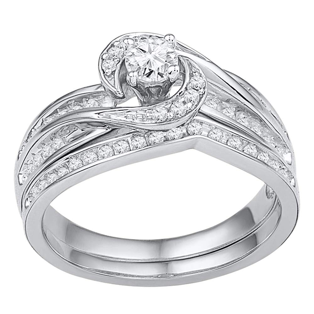 10k White Gold Womens Round Diamond Swirl Bridal Wedding Engagement Ring Band Set 1/2 Cttw