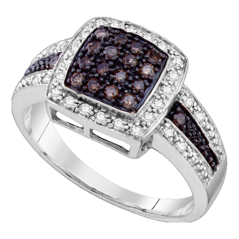 10kt White Gold Womens Round Brown Color Enhanced Diamond Cluster Ring 1/2 Cttw - Size 6