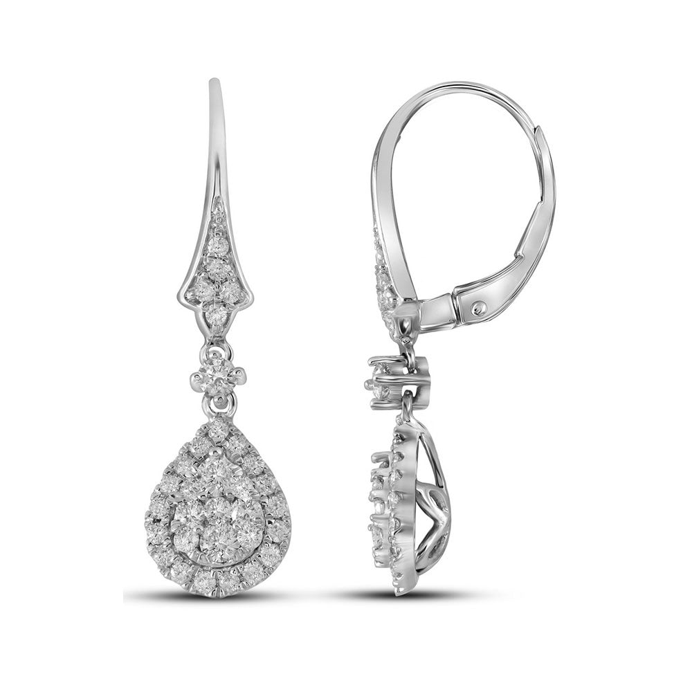 14kt White Gold Womens Round Diamond Teardrop Cluster Dangle Earrings 3/4 Cttw