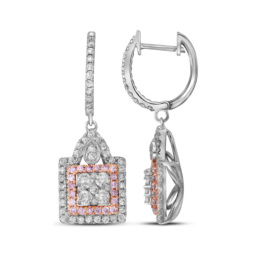 14kt White Gold Womens Round Pink Diamond Square Cluster Dangle Earrings 1.00 Cttw
