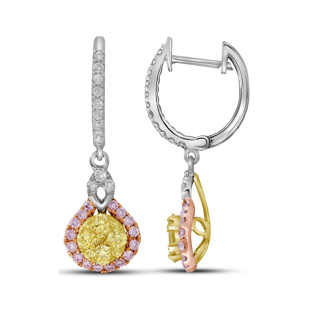 14kt White Gold Womens Round Canary Yellow Pink Diamond Dangle Earrings 1.00 Cttw