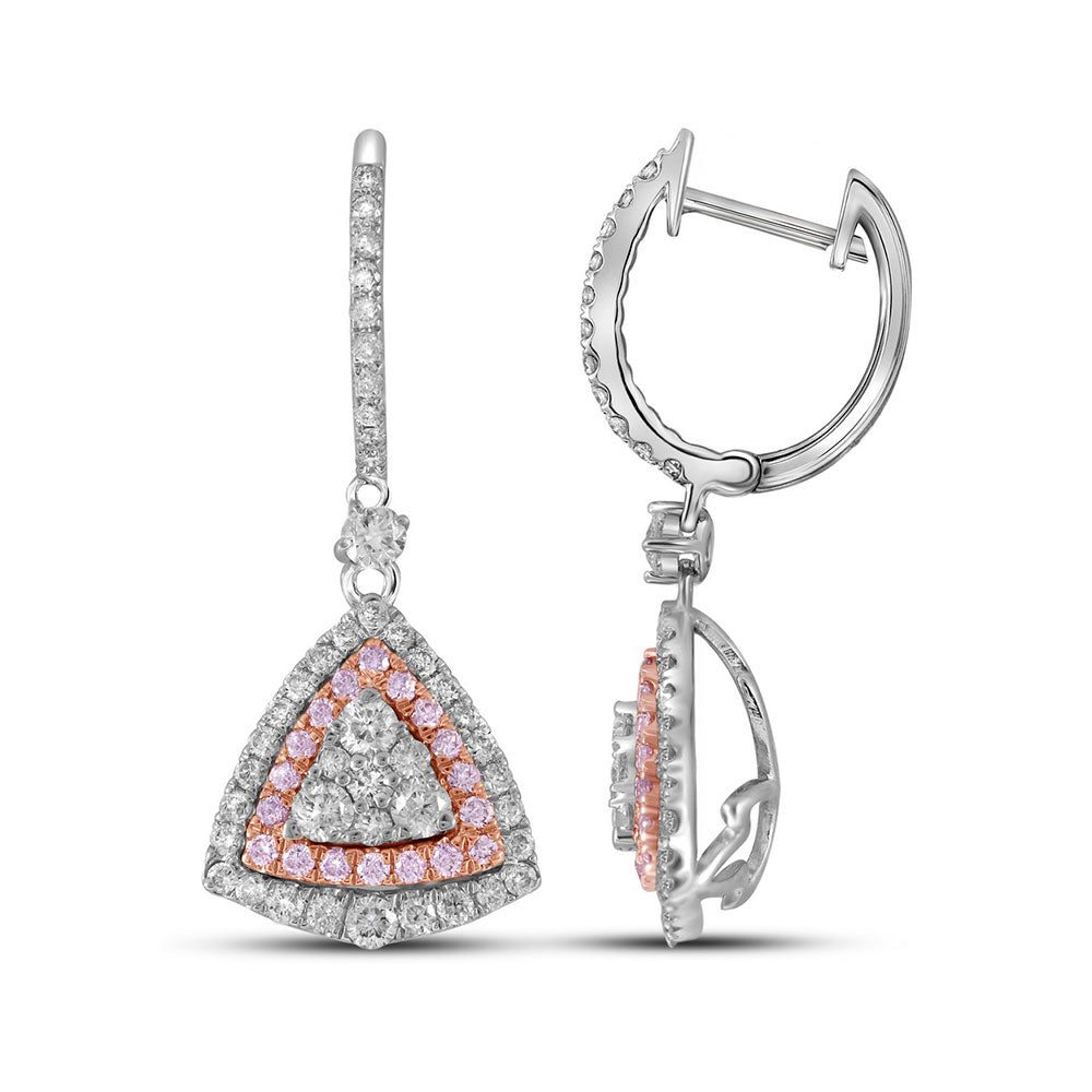 14kt White Gold Womens Round Pink Diamond Triangle Dangle Earrings 1-1/2 Cttw