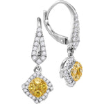 14kt White Gold Womens Round Yellow Diamond Diagonal Square Cluster Dangle Earrings 3/4 Cttw