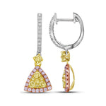 14kt White Gold Womens Round Yellow Pink Diamond Triangle Dangle Earrings 1-1/20 Cttw