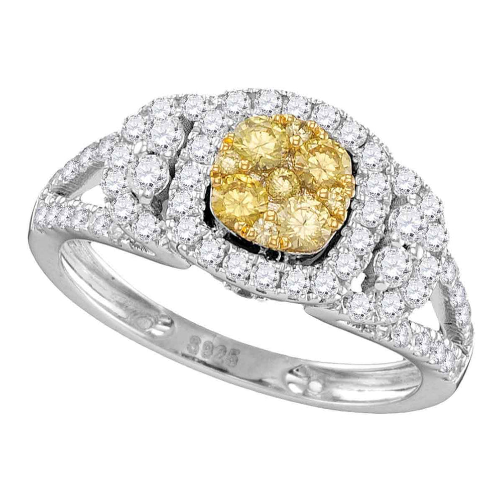14kt White Gold Womens Round Yellow Diamond Cluster Bridal Wedding Engagement Ring 1-1/5 Cttw
