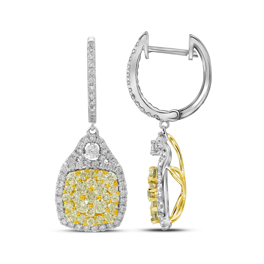 14kt White Gold Womens Round Canary Yellow Diamond Dangle Earrings 2-1/2 Cttw