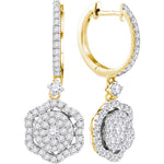 14kt Yellow Gold Womens Round Diamond Hexagon Frame Cluster Dangle Earrings 1.00 Cttw