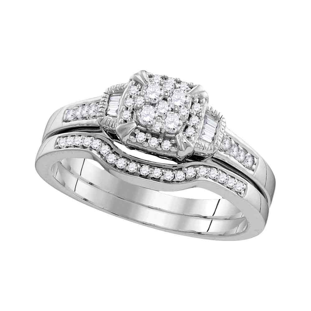 10k White Gold Womens Round Diamond Cluster Bridal Wedding Engagement Ring Band Set 3/8 Cttw