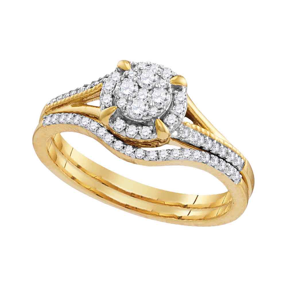 10k Yellow Gold Round Diamond Cluster Bridal Wedding Engagement Ring Band Set 1/3 Cttw