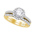14kt Yellow Gold Womens Round Diamond Halo Bridal Wedding Engagement Ring Band Set 1-1/3 Cttw