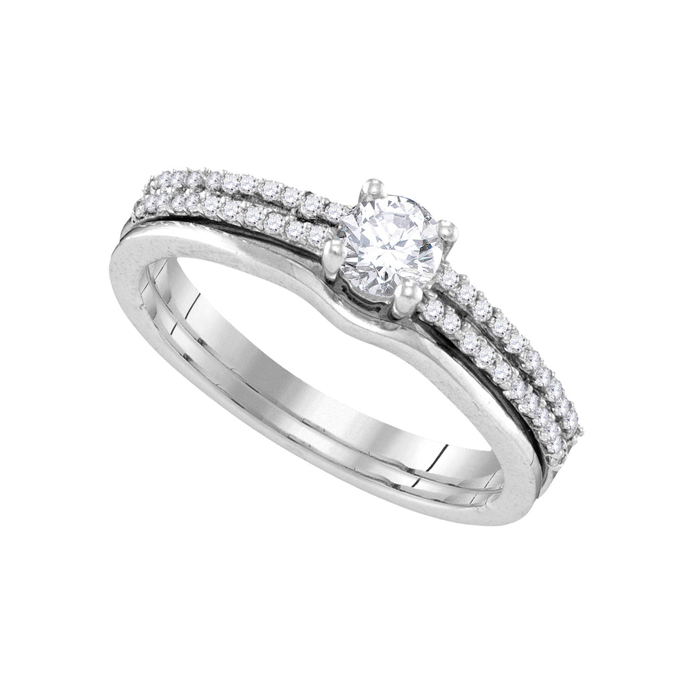 14k White Gold Womens Round Diamond Slender Double Row Bridal Wedding Engagement Ring Band Set 1/2 Cttw