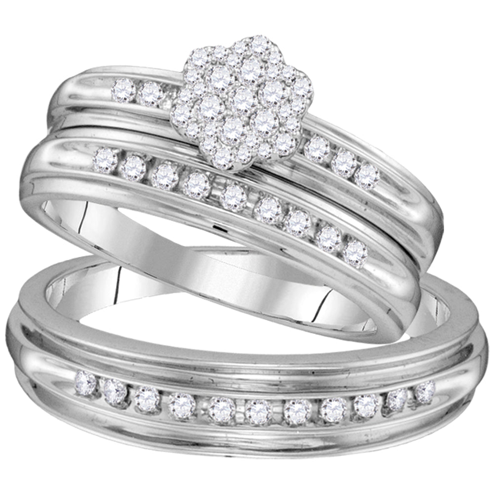 10kt White Gold His & Hers Round Diamond Cluster Matching Bridal Wedding Ring Band Set 1/2 Cttw