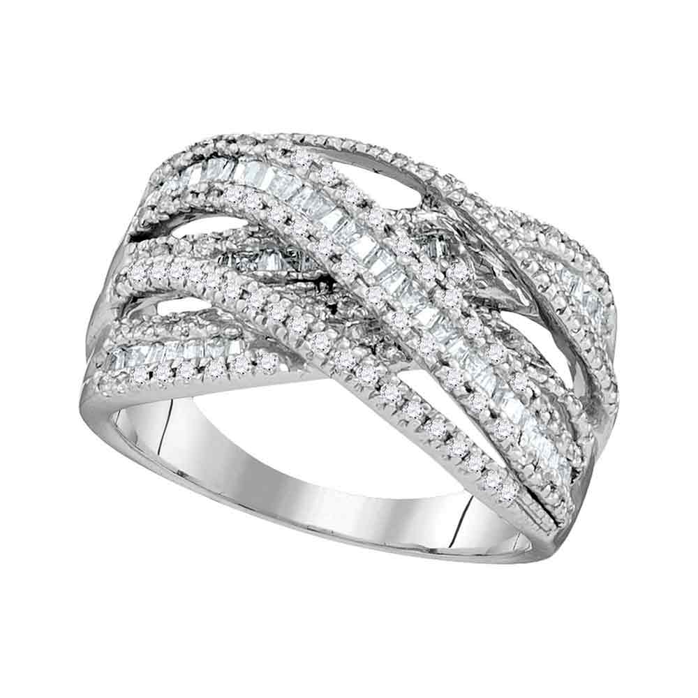 10kt White Gold Womens Round Baguette Diamond Crossover Fashion Band Ring 1.00 Cttw
