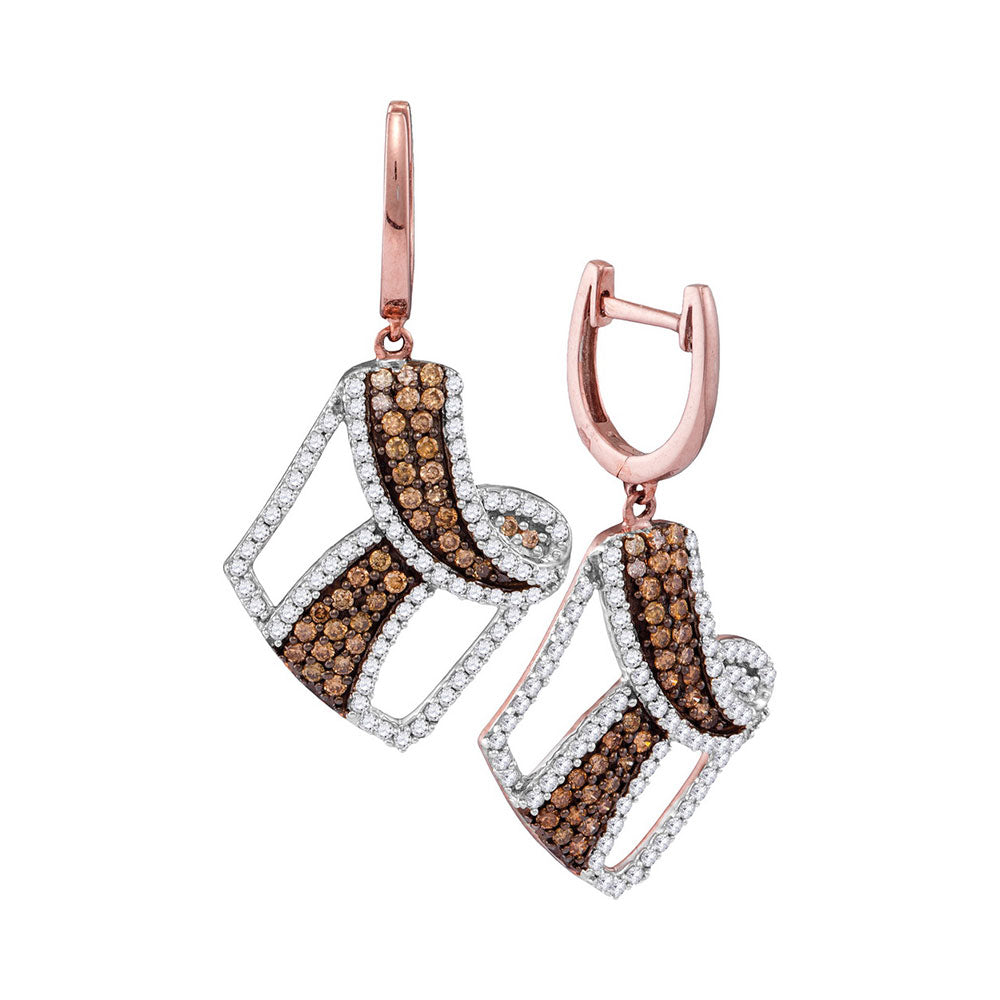 10kt Rose Gold Womens Round Cognac-brown Color Enhanced Diamond Dangle Earrings 1-3/4 Cttw