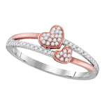 10kt White Gold Womens Round Diamond Rose-tone Double Heart Love Ring 1/6 Cttw