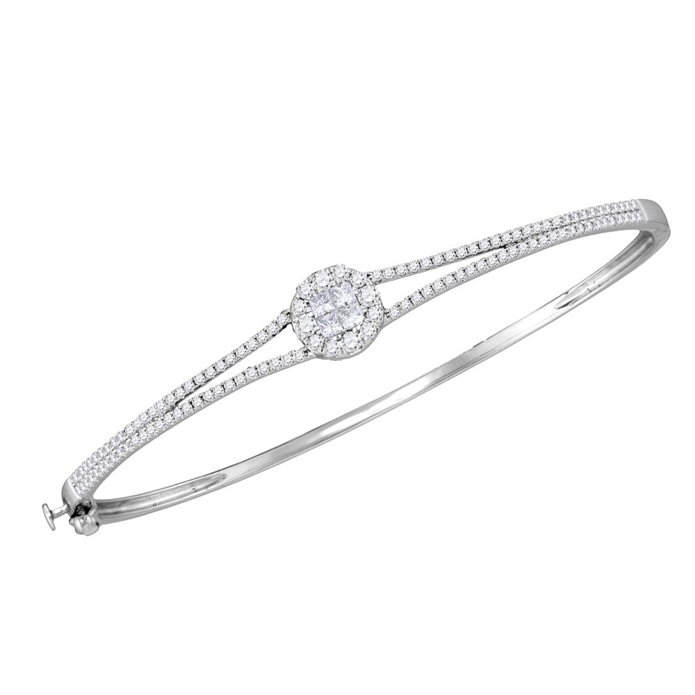 14kt White Gold Womens Princess & Round Diamond Soleil Bangle Bracelet 1.00 Cttw