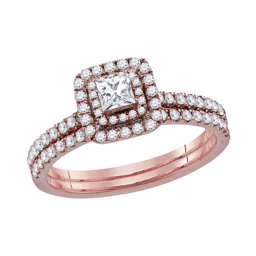 10kt Rose Gold Womens Princess Diamond Bridal Wedding Engagement Ring Band Set 3/4 Cttw
