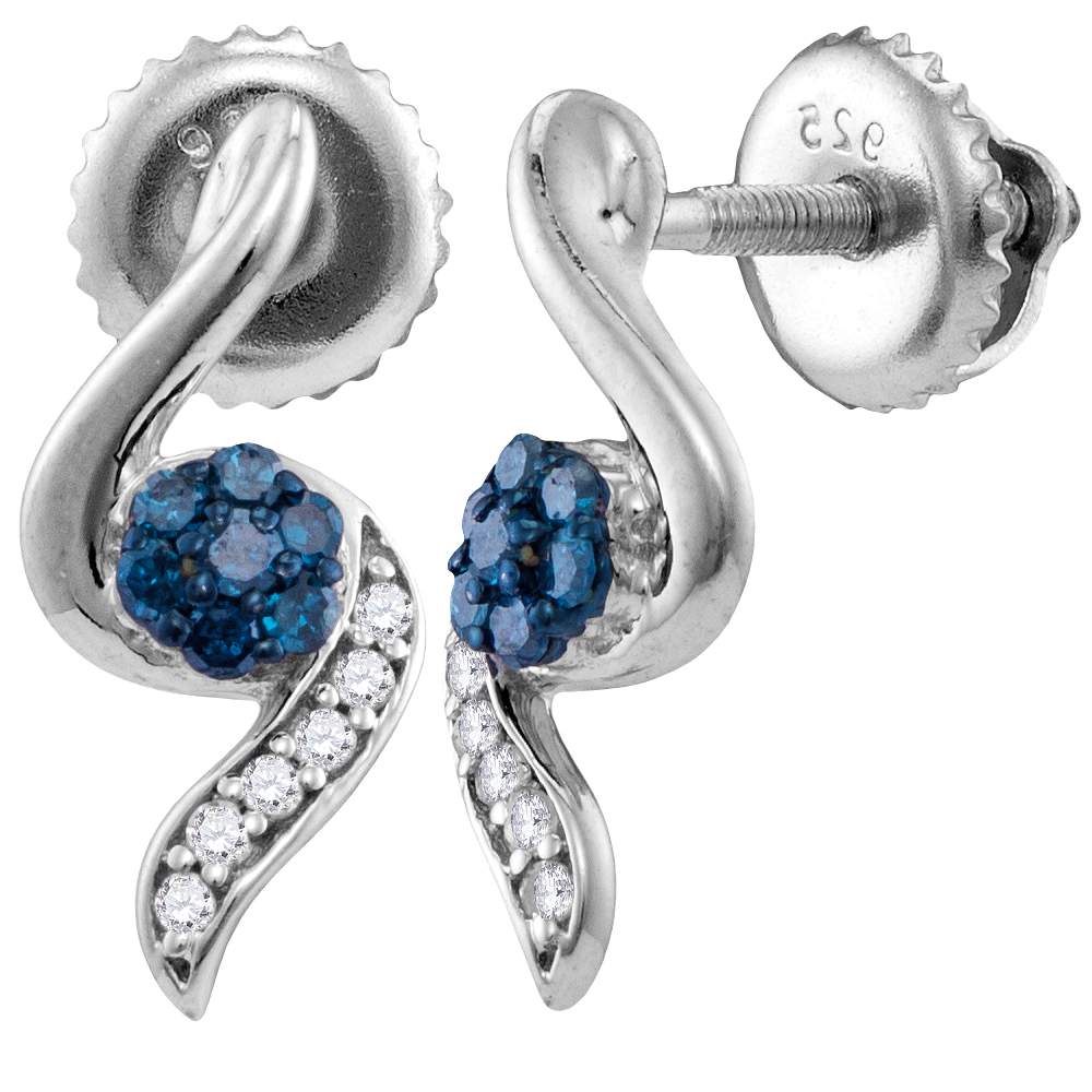 Sterling Silver Womens Round Blue Color Enhanced Diamond Cluster Stud Earrings 1/5 Cttw