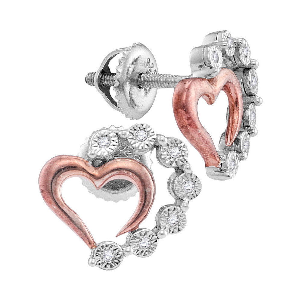 Sterling Silver Womens Round Diamond Rose-tone Heart Stud Earrings 1/20 Cttw