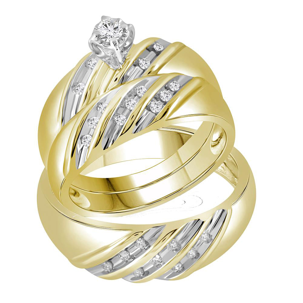 14kt Yellow Gold His & Hers Round Diamond Round Matching Bridal Wedding Ring Band Set 1/4 Cttw