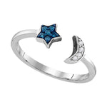 Sterling Silver Womens Round Blue Color Enhanced Diamond Star Crescent Moon Bisected Band Ring 1/10 Cttw