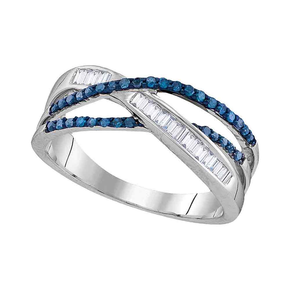 Sterling Silver Womens Round Blue Color Enhanced Diamond Crossover Fashion Ring 1/3 Cttw