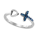 Sterling Silver Womens Round Blue Color Enhanced Diamond Cross Heart Bisected Band Ring 1/10 Cttw