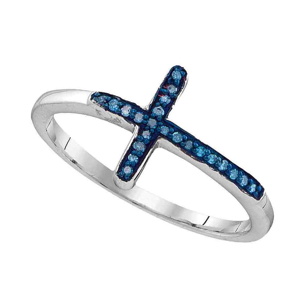 Sterling Silver Womens Round Blue Color Enhanced Diamond Christian Cross Fashion Ring 1/20 Cttw