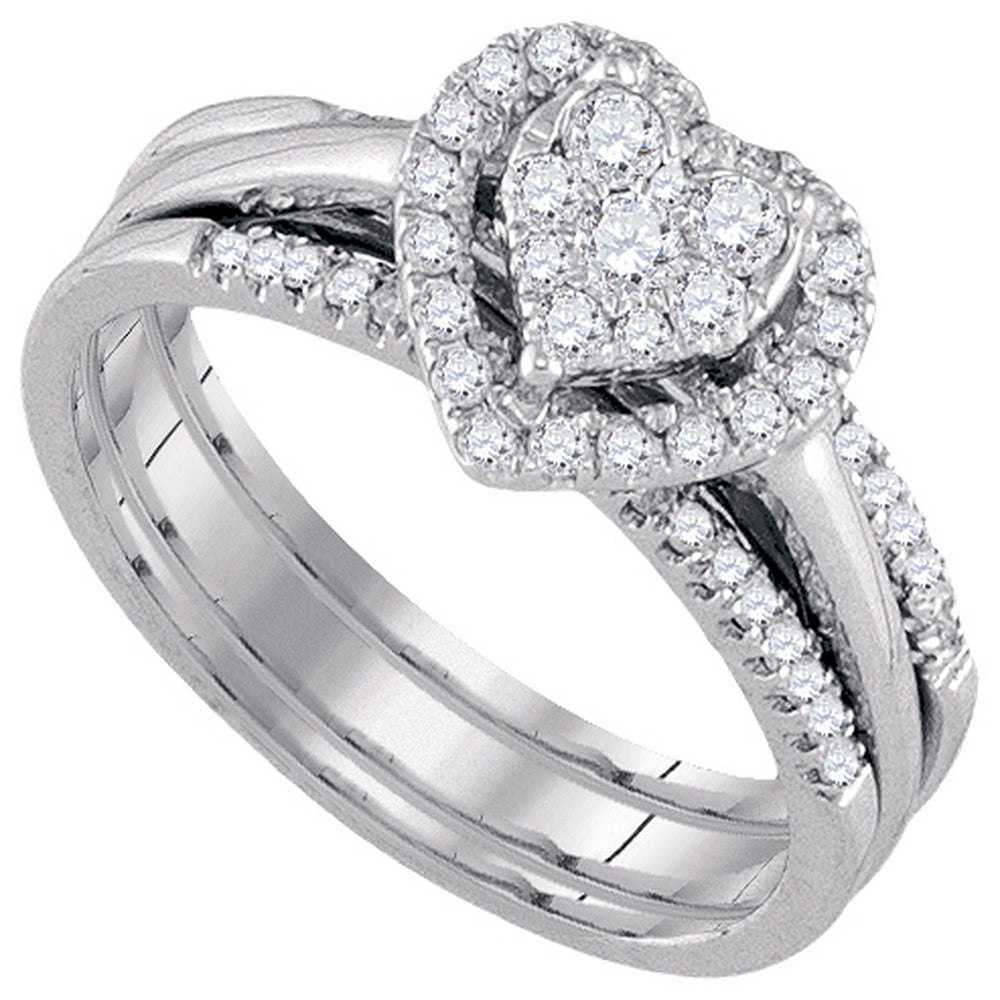 10kt White Gold Womens Round Diamond Heart Bridal Wedding Engagement Ring Band Set 1/2 Cttw