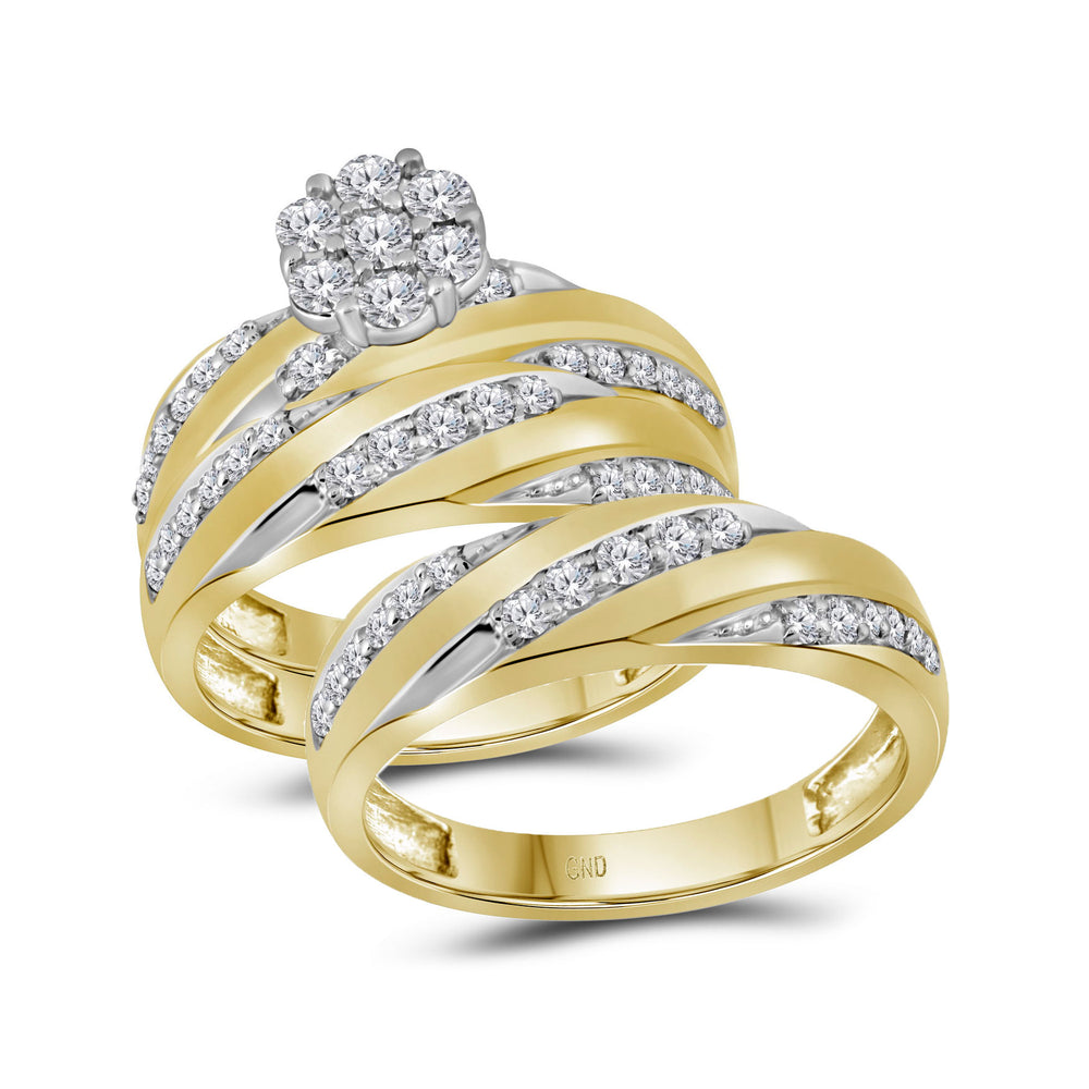 10kt Yellow Gold His & Hers Round Diamond Cluster Matching Bridal Wedding Ring Band Set 1-1/10 Cttw