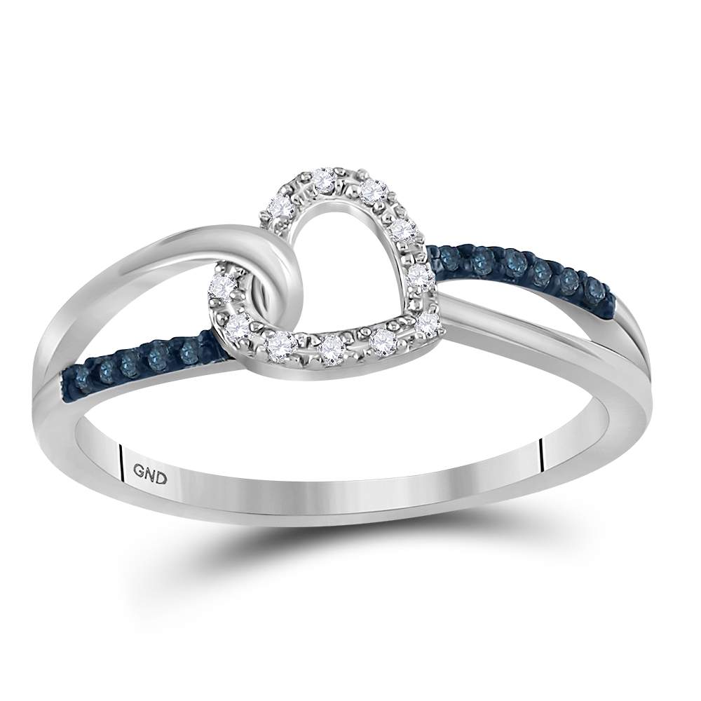 10kt White Gold Womens Round Blue Color Enhanced Diamond Captured Heart Ring 1/10 Cttw
