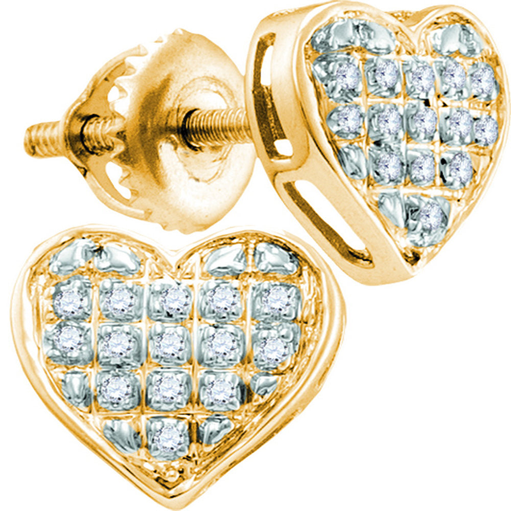 10kt Yellow Gold Womens Round Diamond Heart Love Cluster Earrings 1/6 Cttw