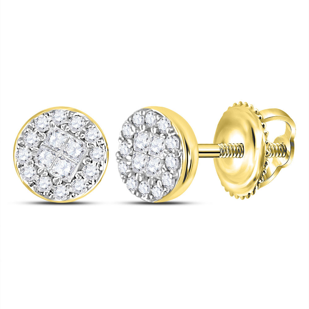 14kt Yellow Gold Womens Princess Round Diamond Soleil Cluster Earrings 1/6 Cttw