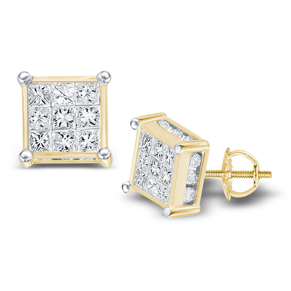 14kt Yellow Gold Womens Princess Diamond Cluster Stud Earrings 7/8 Cttw